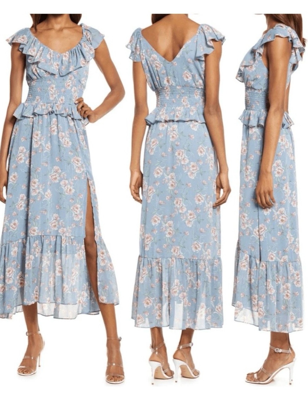 NWOT Floret Studios sz Small Blue Floral Ruffle Maxi Dress with Smocked Waist